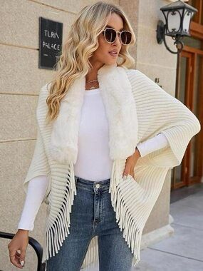 Cream Faux Fur Trim Knit Poncho Sweater